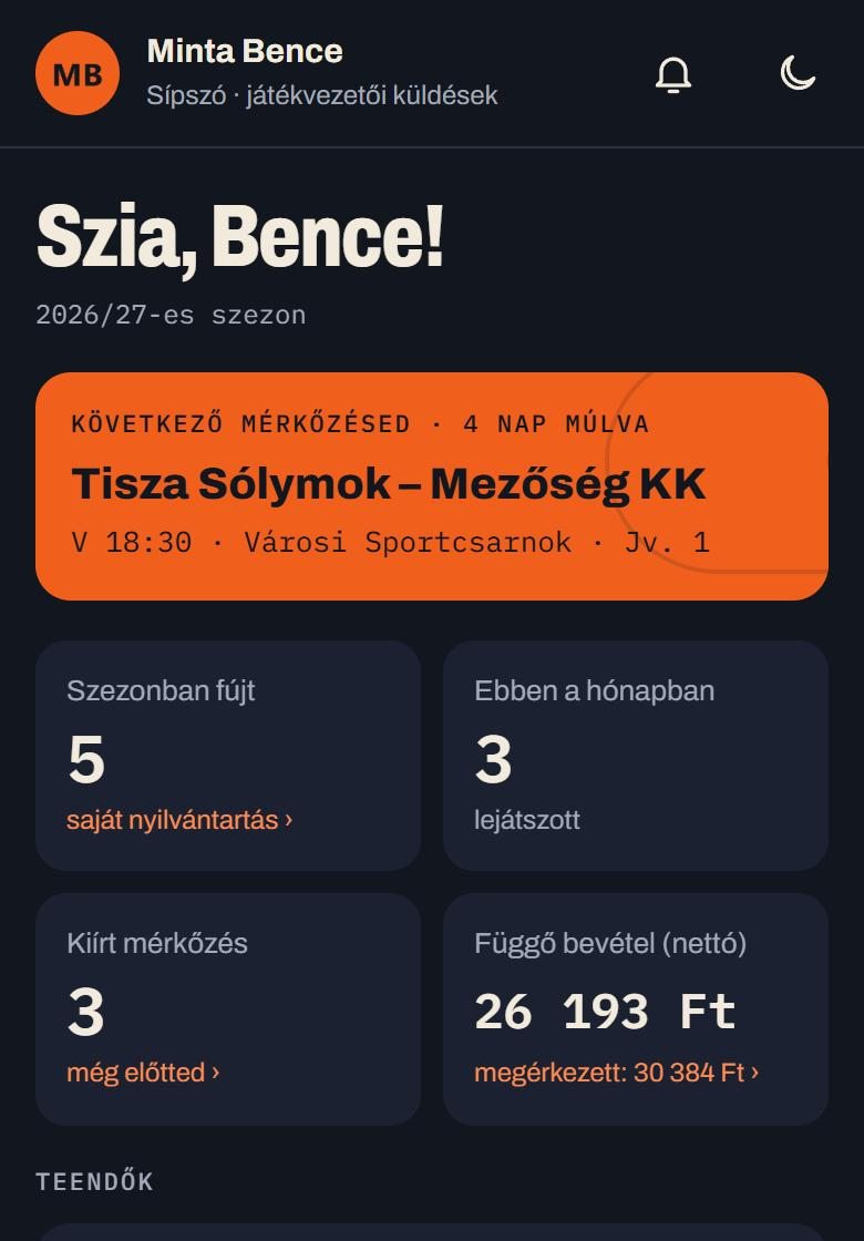Főoldal: következő mérkőzés, számok, teendők