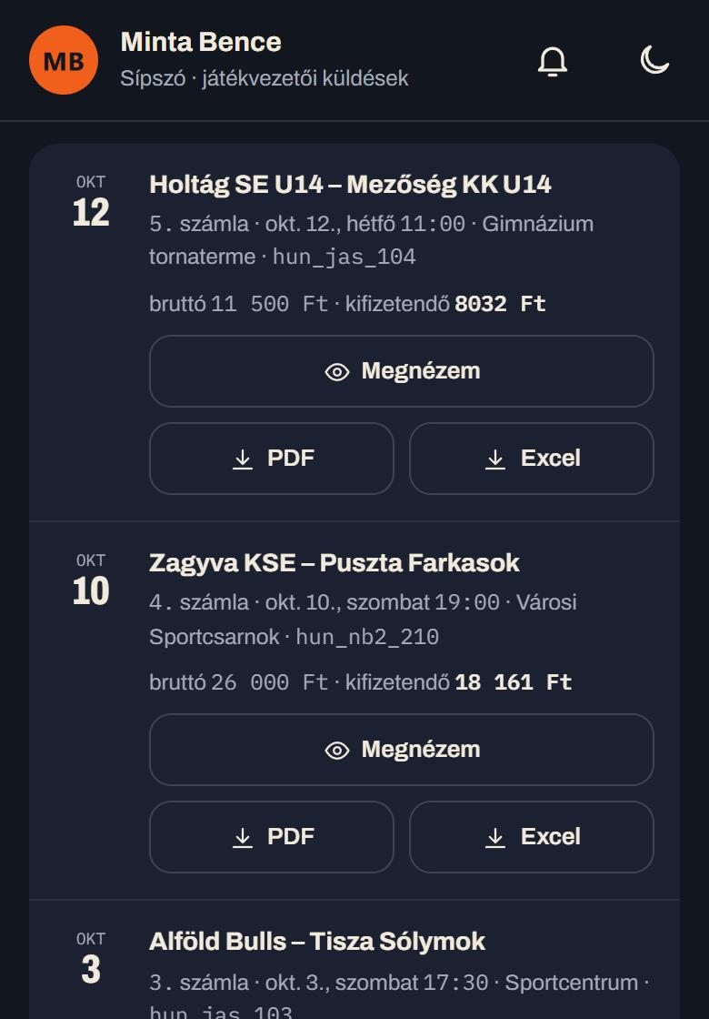 Számlák képernyő: minden számlánál Megnézem, PDF és Excel gomb